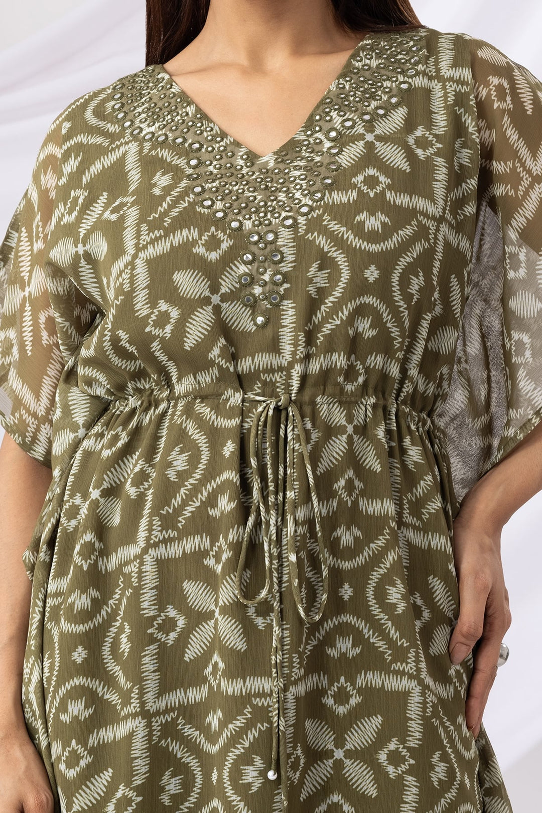 Green Printed Kaftan Dress with V Neck