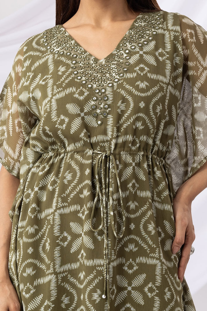 Green Printed Kaftan Dress with V Neck