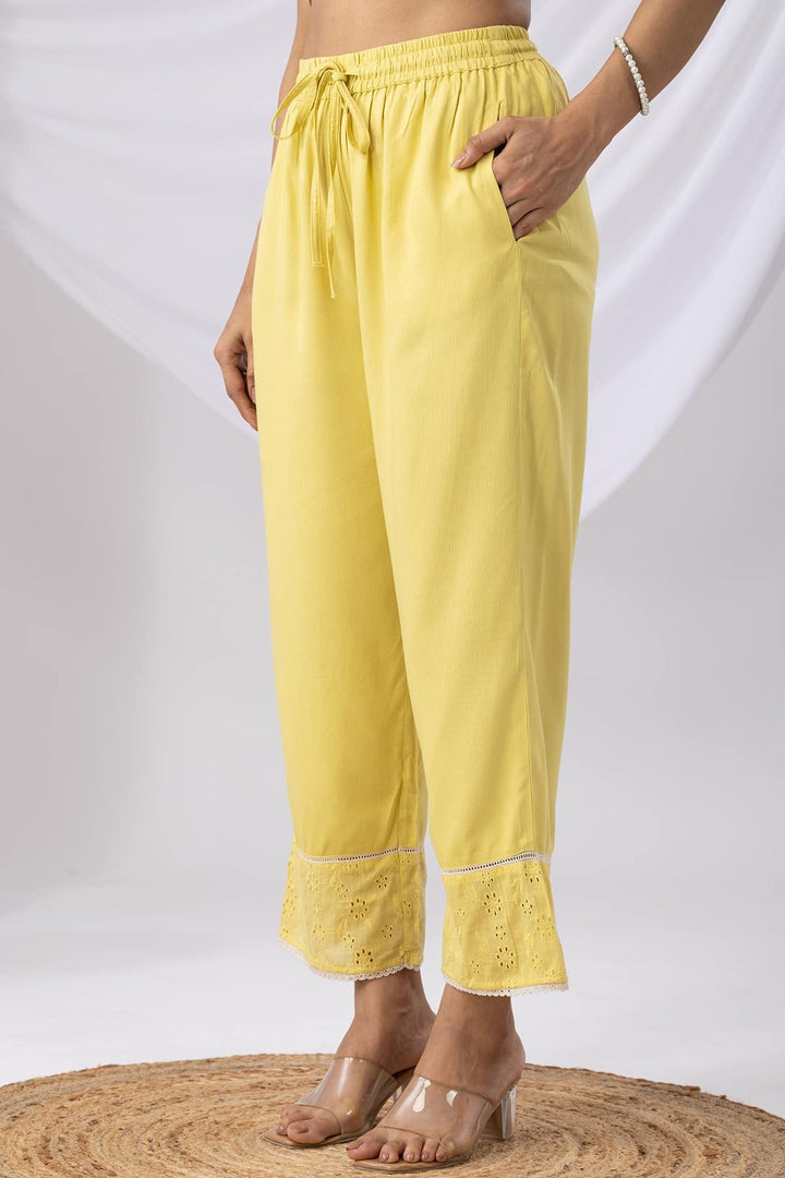 Solid Yellow Palazzo with Tencel Twill &amp; Schiffli Embroidery