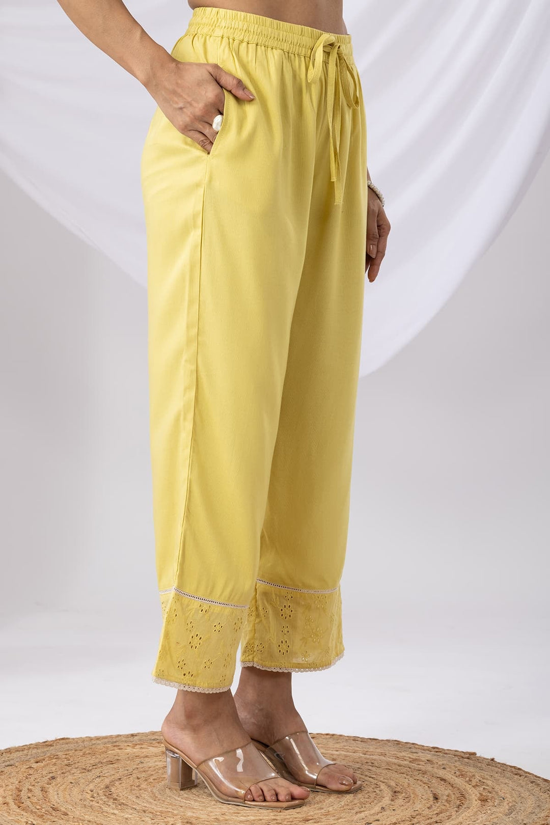 Solid Yellow Palazzo with Tencel Twill &amp; Schiffli Embroidery