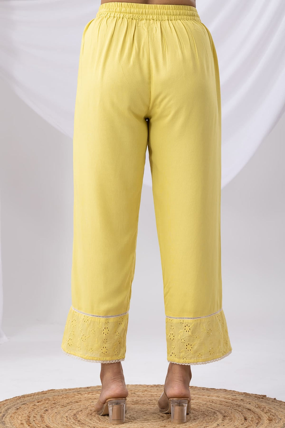 Solid Yellow Palazzo with Tencel Twill &amp; Schiffli Embroidery