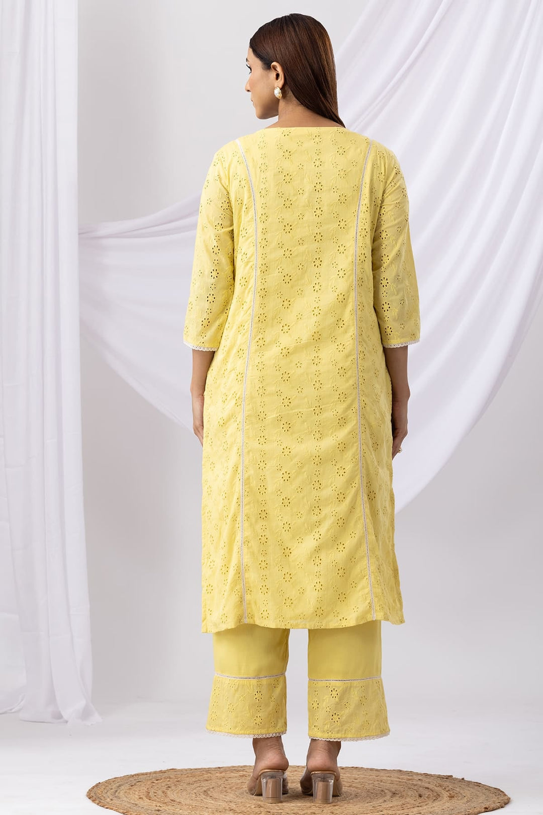 Yellow Schiffli Embroidered Kurti with V-Neck &amp; 3/4th Sleeves