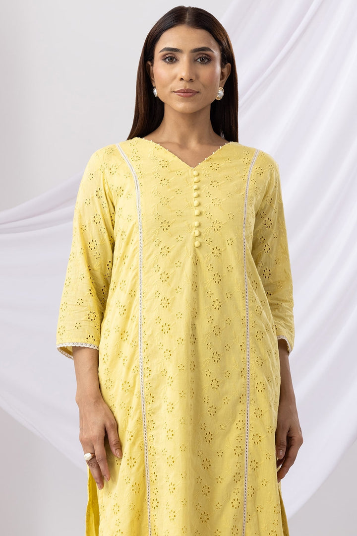 Yellow Schiffli Embroidered Kurti with V-Neck &amp; 3/4th Sleeves
