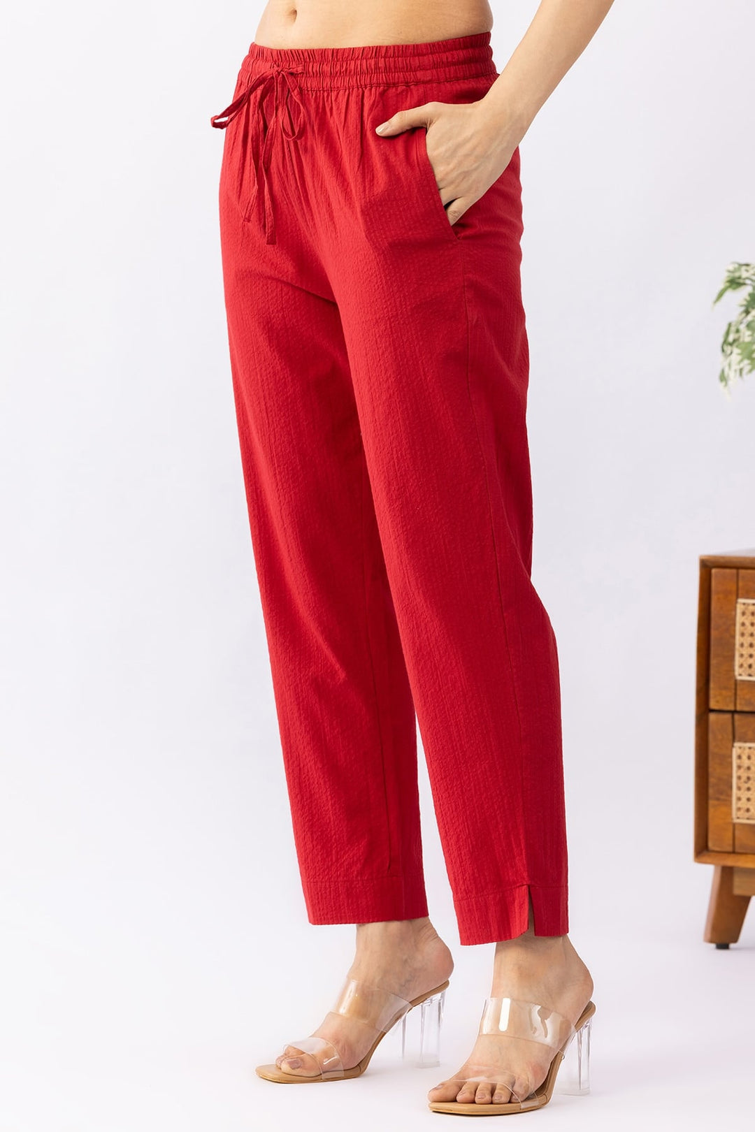 Solid Red Cotton Palazzo with Regular Fit