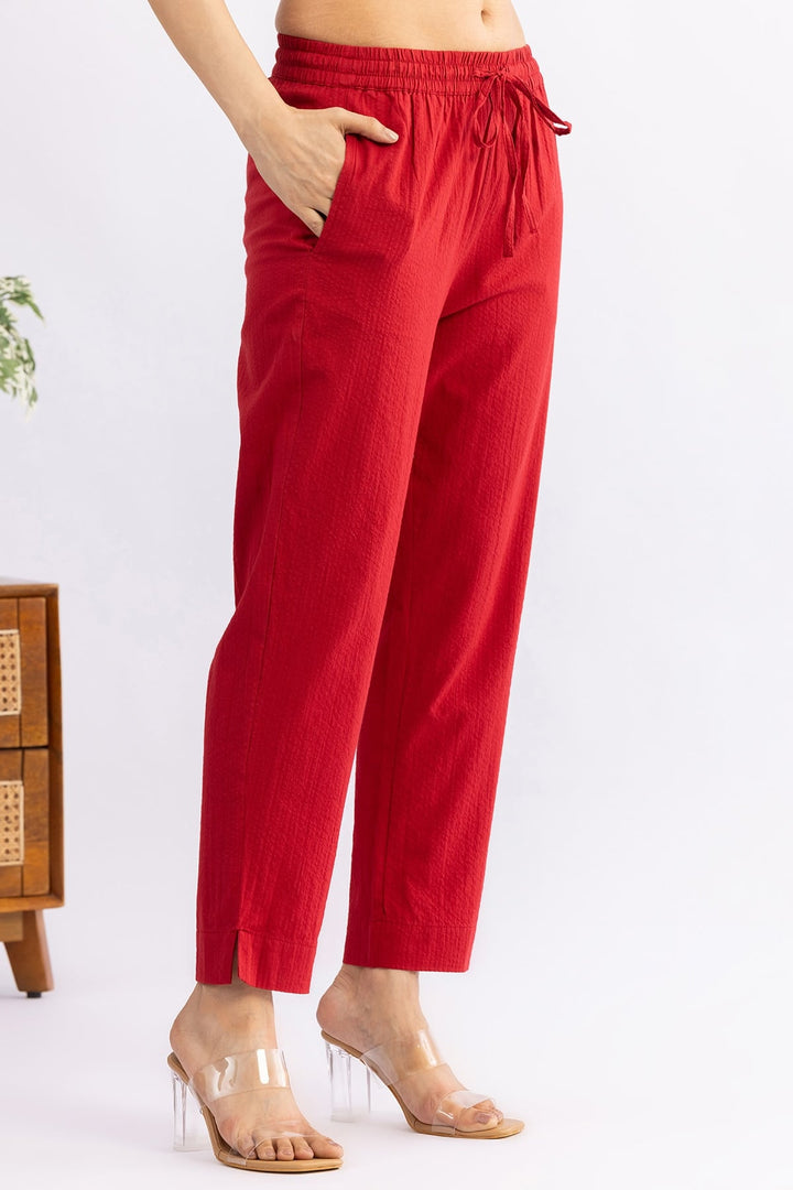 Solid Red Cotton Palazzo with Regular Fit