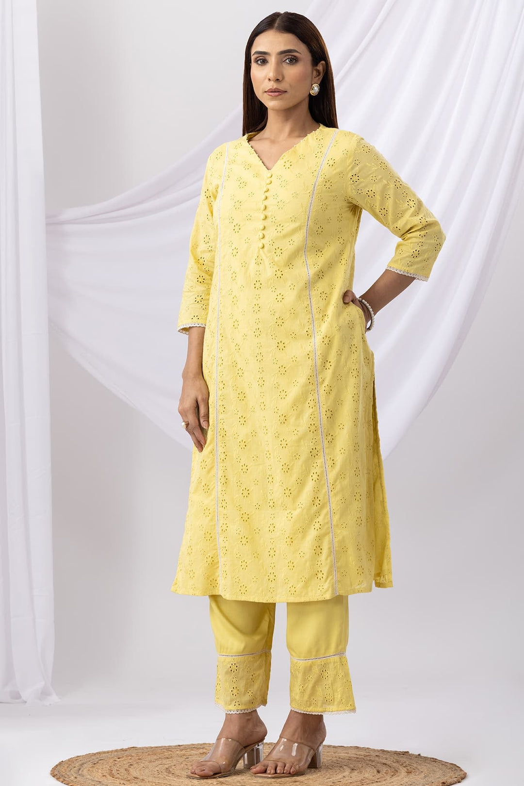 Solid Yellow Palazzo with Tencel Twill &amp; Schiffli Embroidery