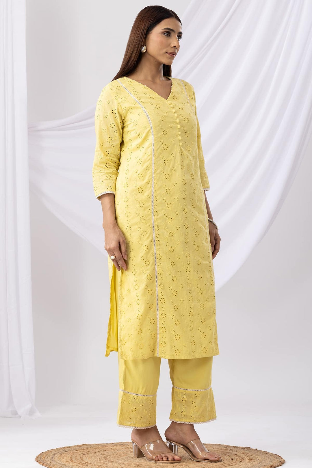 Yellow Schiffli Embroidered Kurti with V-Neck &amp; 3/4th Sleeves