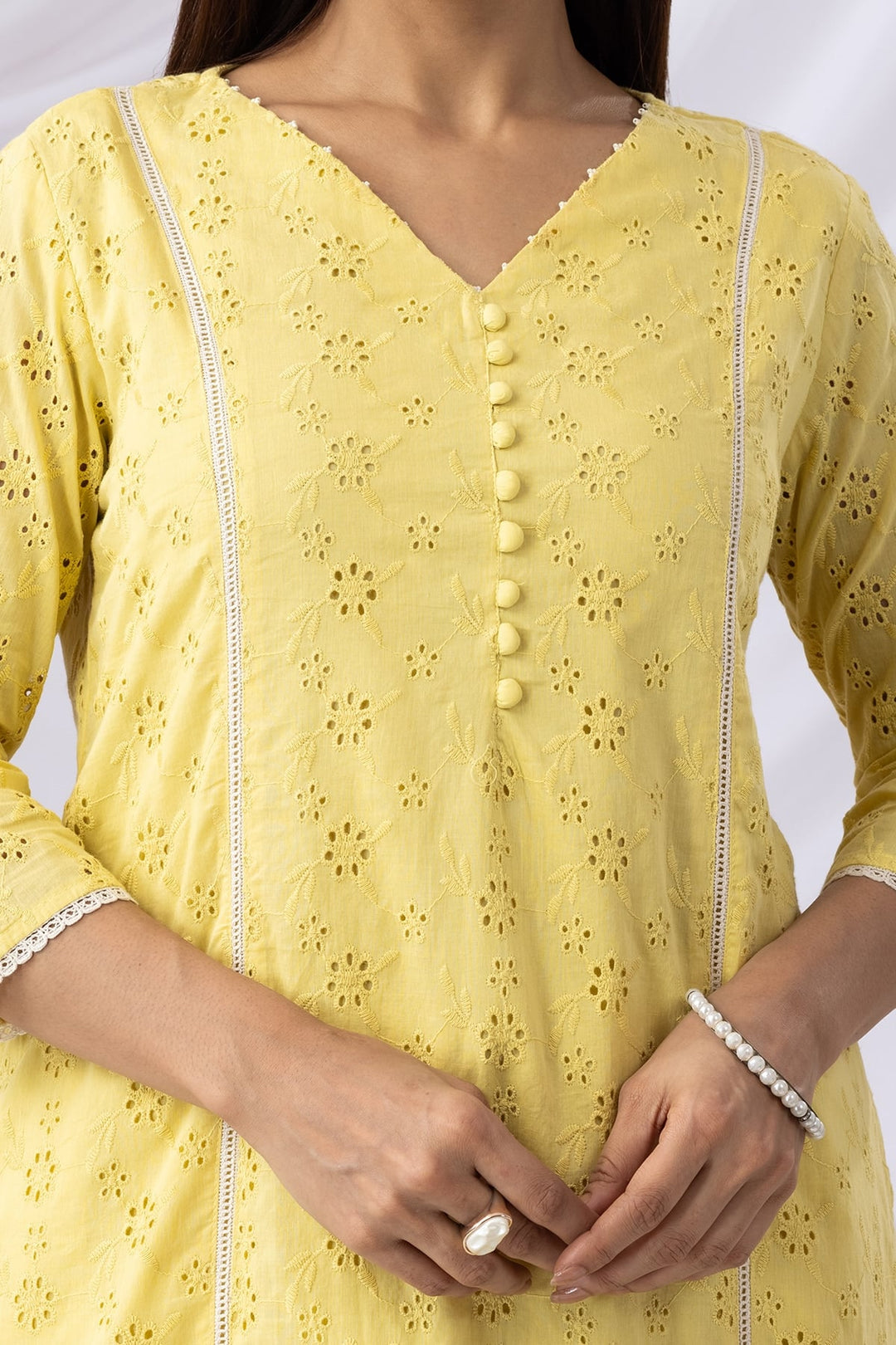 Yellow Schiffli Embroidered Kurti with V-Neck &amp; 3/4th Sleeves
