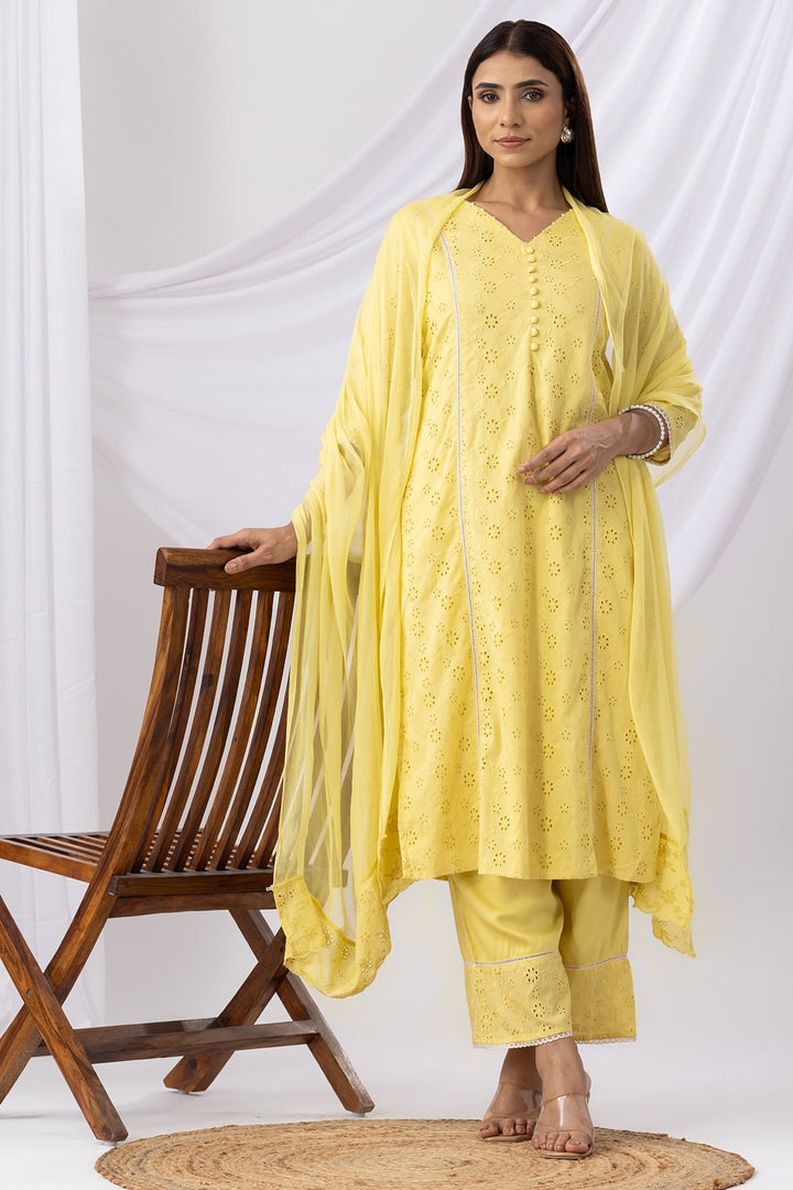Yellow Schiffli Embroidered Kurti with V-Neck &amp; 3/4th Sleeves