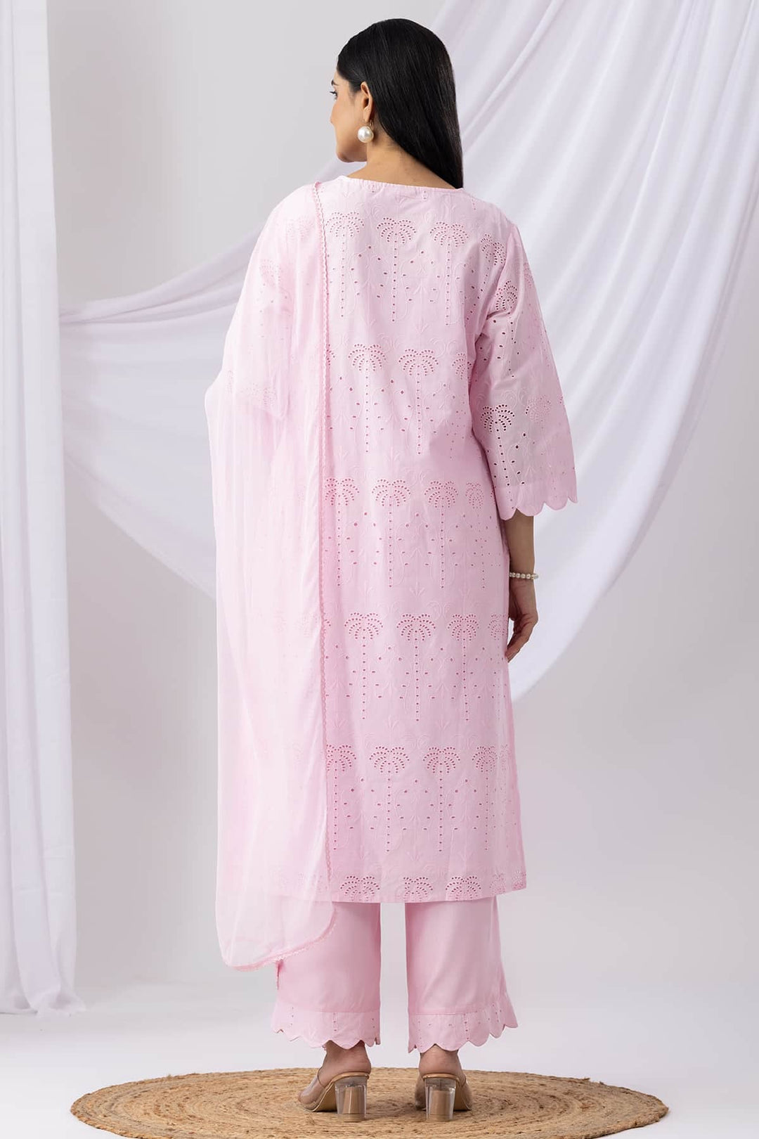 Pink Schiffli Kurti with V-Neck &amp; 3/4th Sleeves