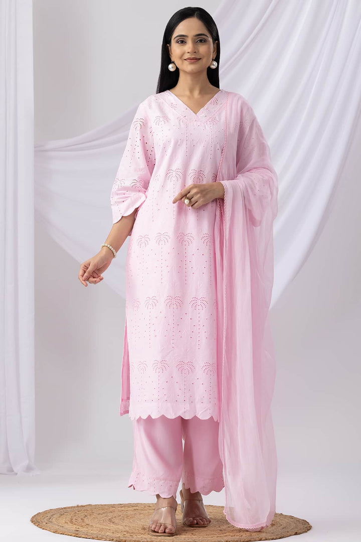 Pink Schiffli Kurti with V-Neck &amp; 3/4th Sleeves