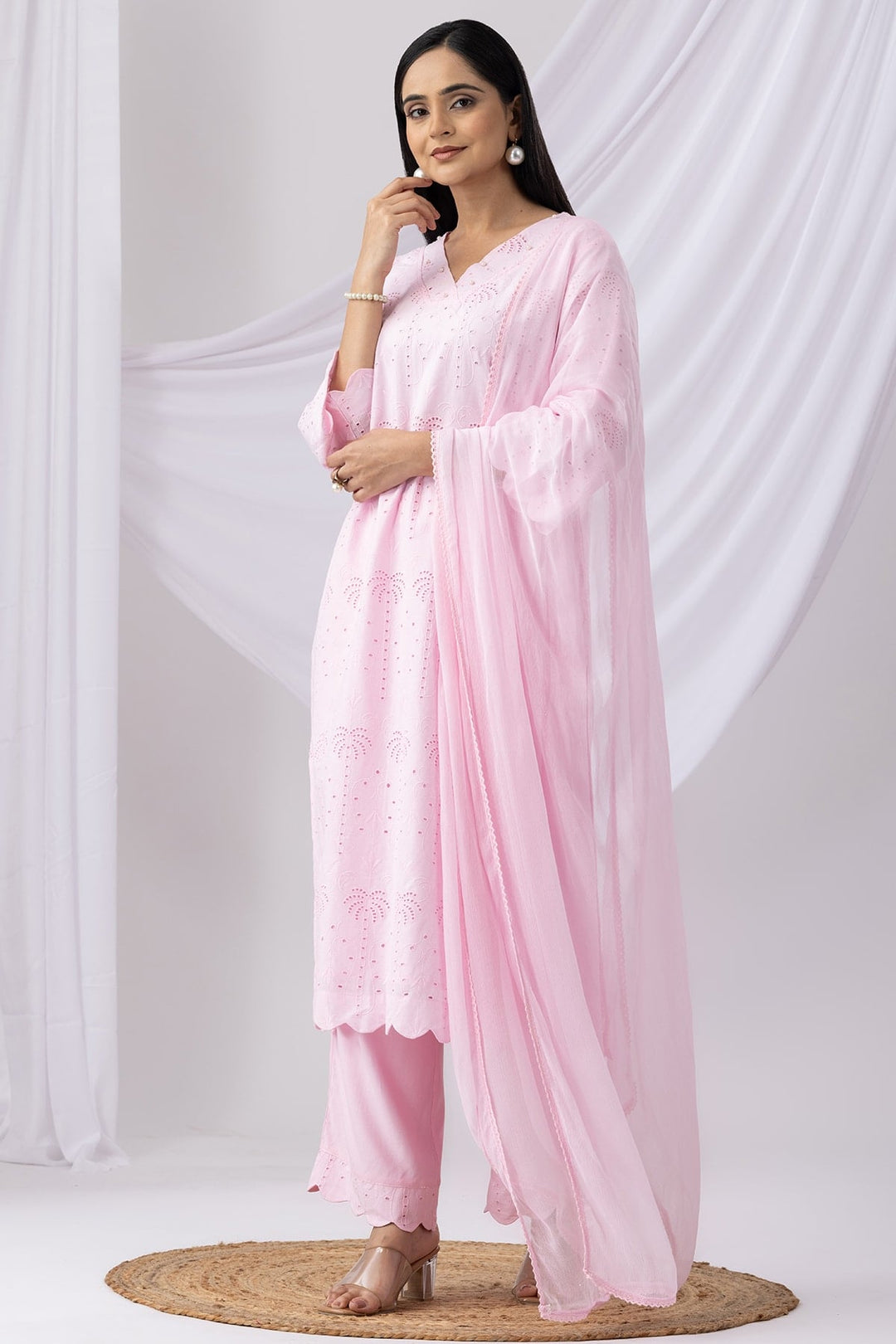 Pink Schiffli Kurti with V-Neck &amp; 3/4th Sleeves