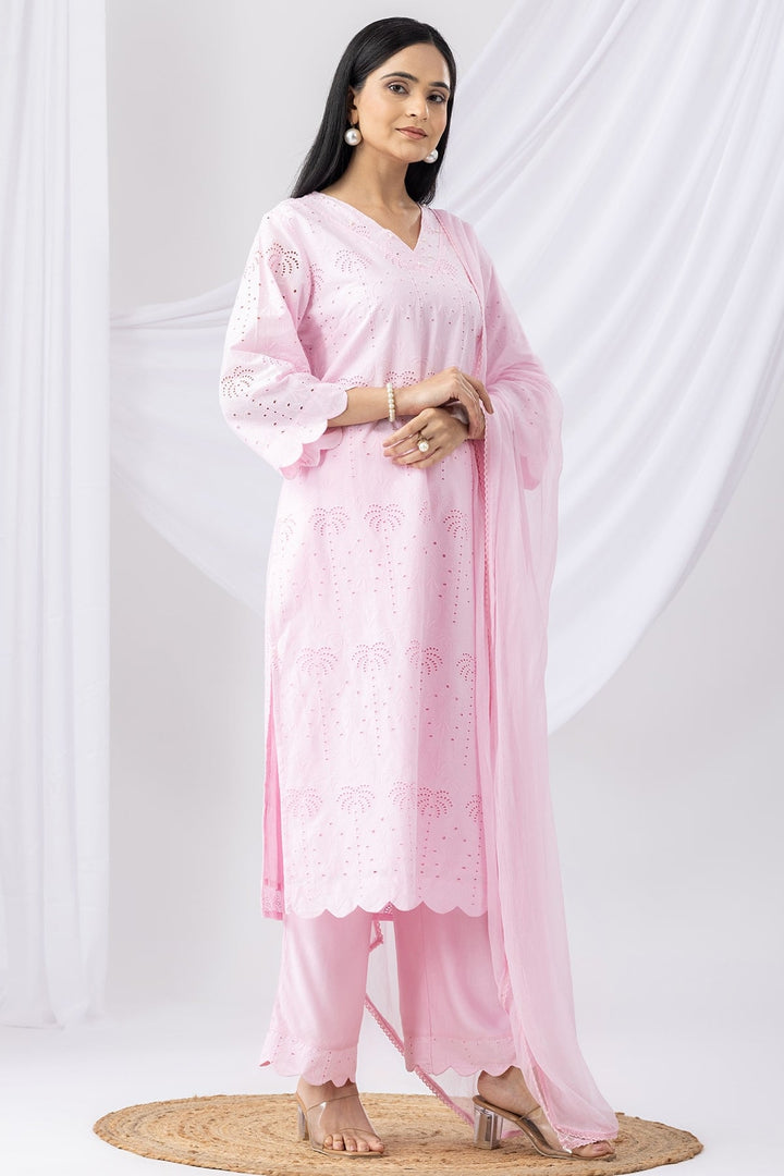 Pink Schiffli Kurti with V-Neck &amp; 3/4th Sleeves
