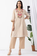 beige kurta set for women embroidered cotton stripe v neck 3/4 sleeves