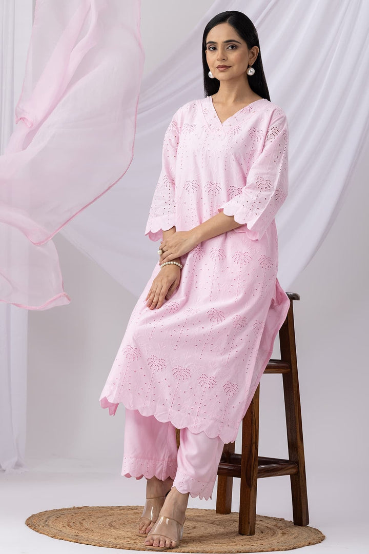 Pink Schiffli Kurti with V-Neck &amp; 3/4th Sleeves