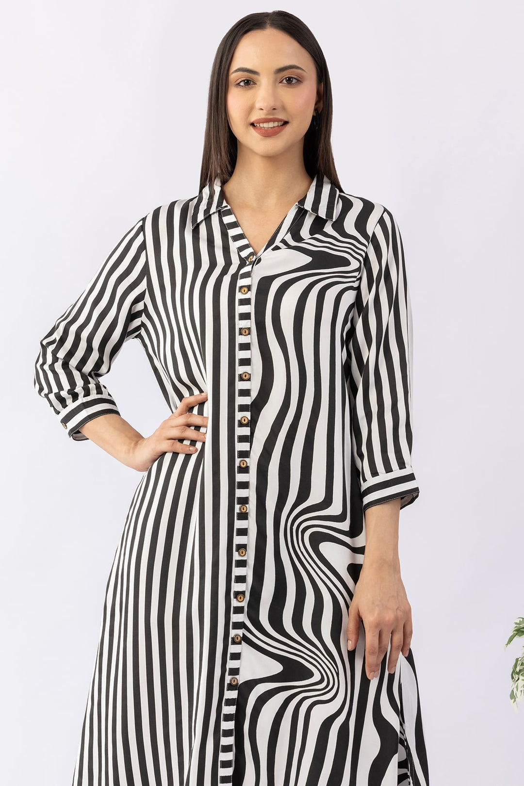 Black &amp; White Striped Collar Dress with 3/4 Sleeves