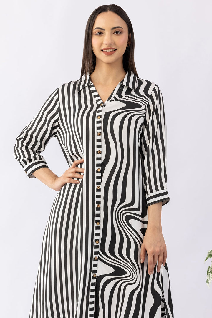 Black &amp; White Striped Collar Dress with 3/4 Sleeves