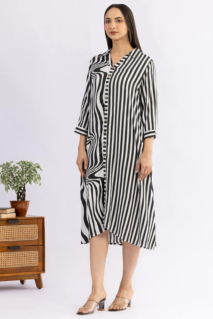 Black &amp; White Striped Collar Dress with 3/4 Sleeves