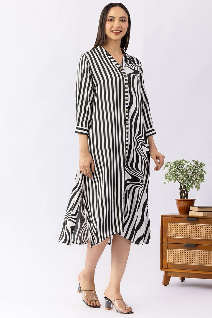 Black &amp; White Striped Collar Dress with 3/4 Sleeves