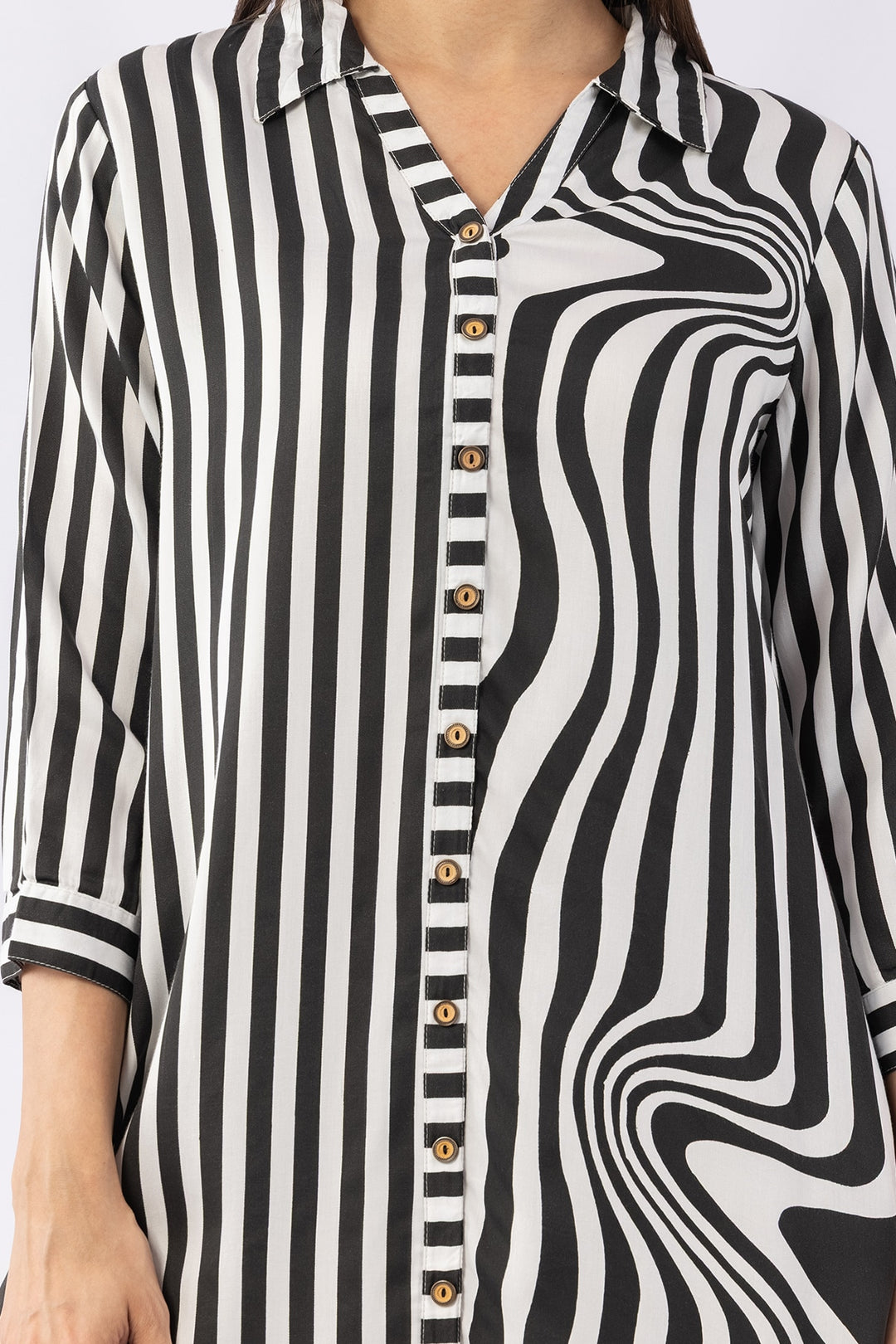 Black &amp; White Striped Collar Dress with 3/4 Sleeves