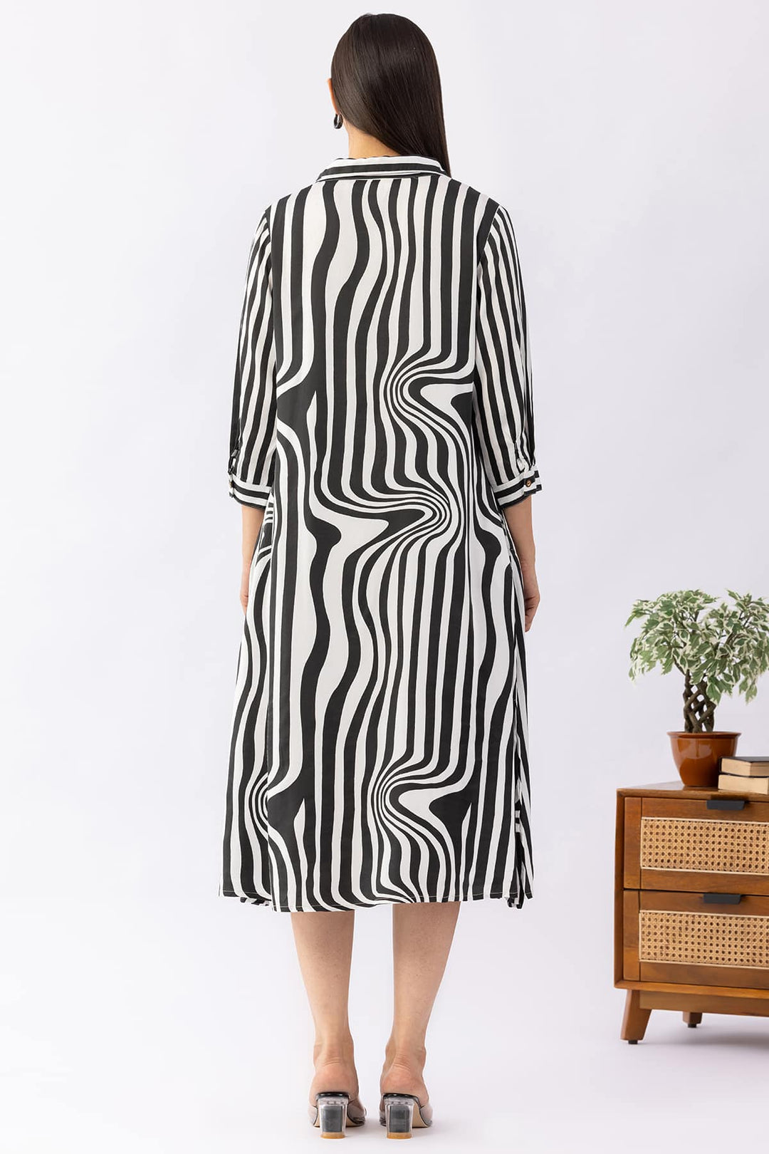 Black &amp; White Striped Collar Dress with 3/4 Sleeves