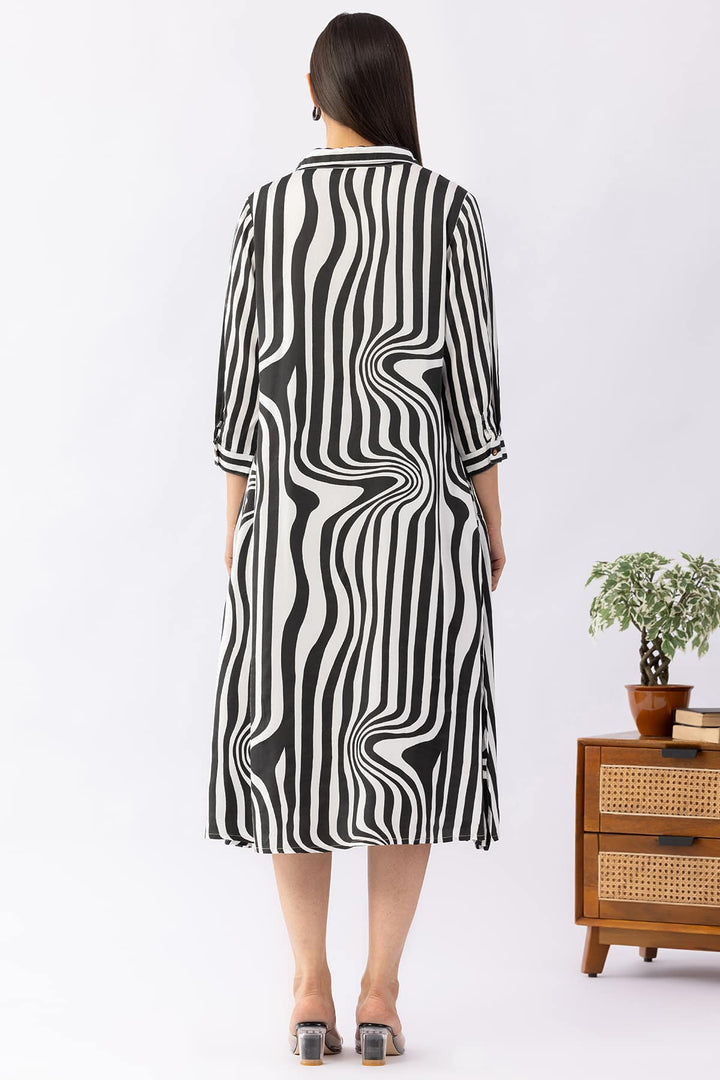 Black &amp; White Striped Collar Dress with 3/4 Sleeves