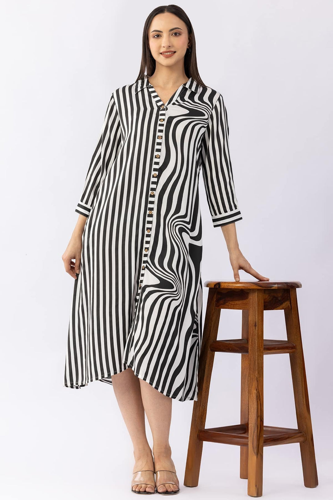Black &amp; White Striped Collar Dress with 3/4 Sleeves