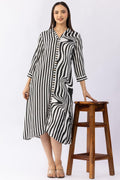 Black & White Striped Collar Dress with 3/4 Sleeves