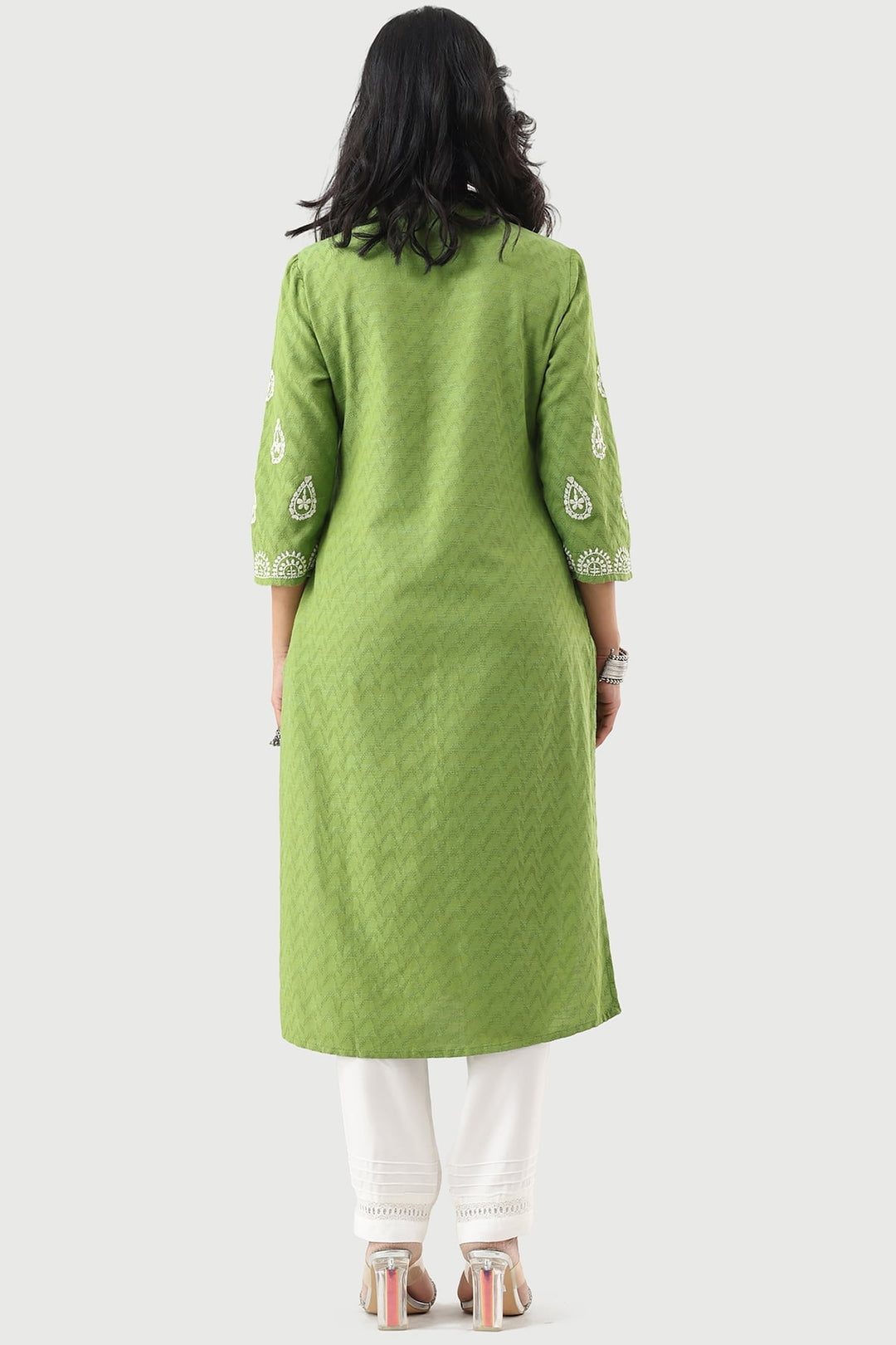 Green Embroidered Rayon Dobby Kurti