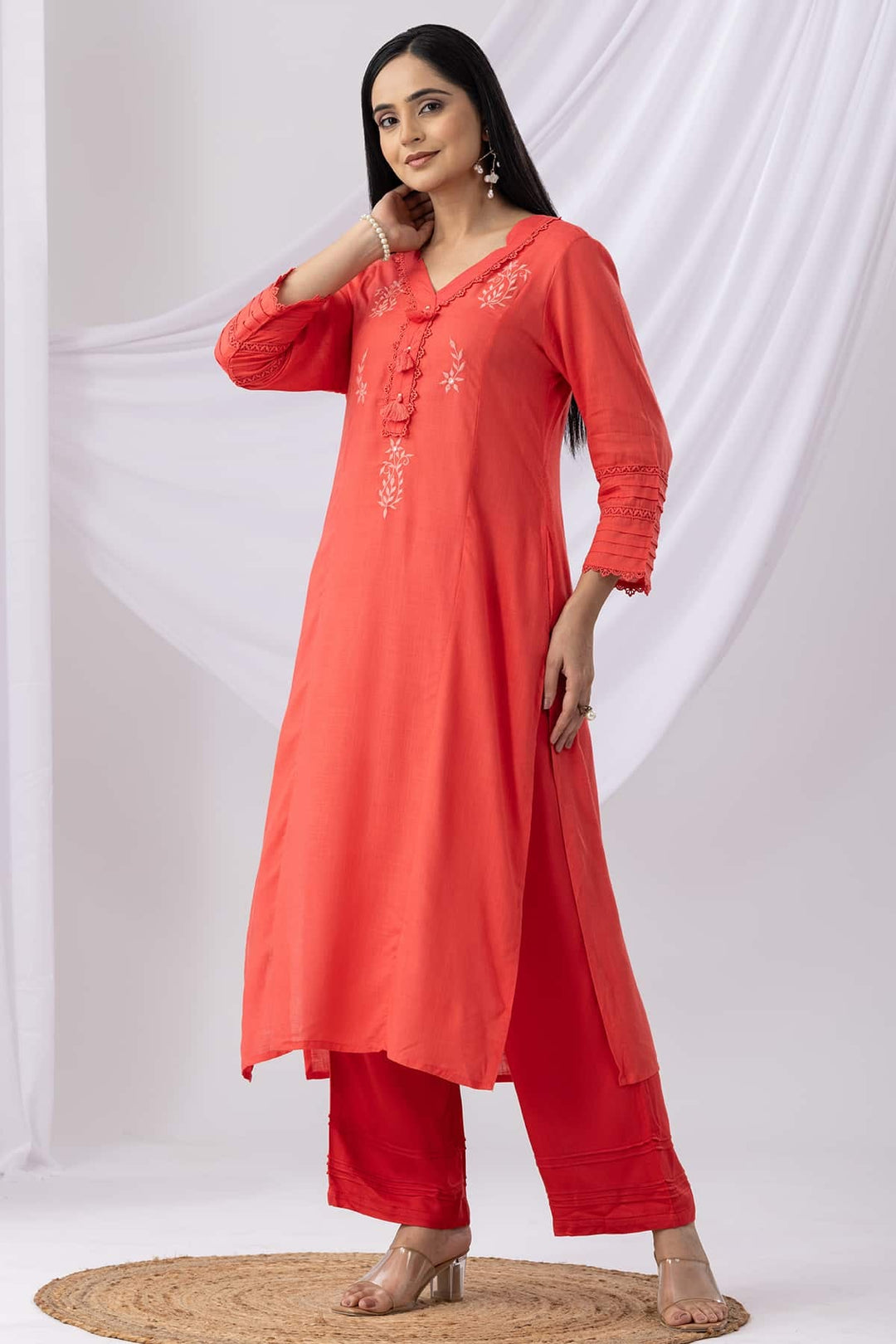 Coral Rayon Slub Embroidered Kurti with V-Neck