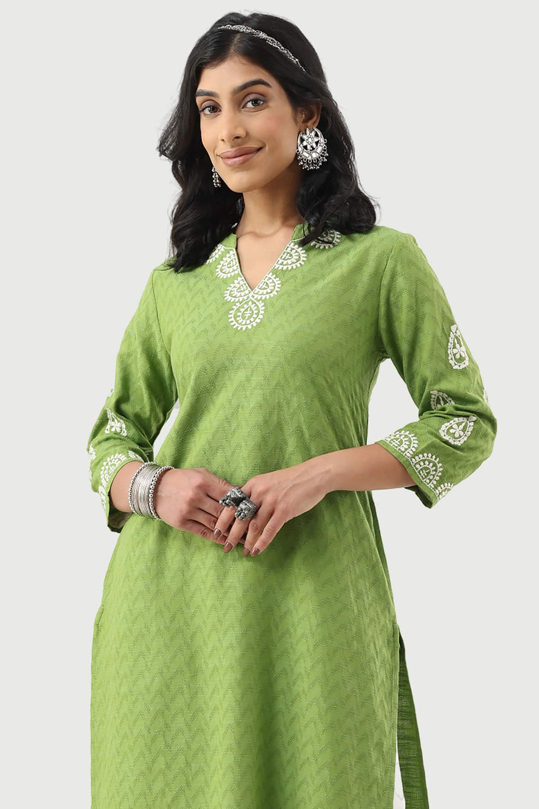 Green Embroidered Rayon Dobby Kurti