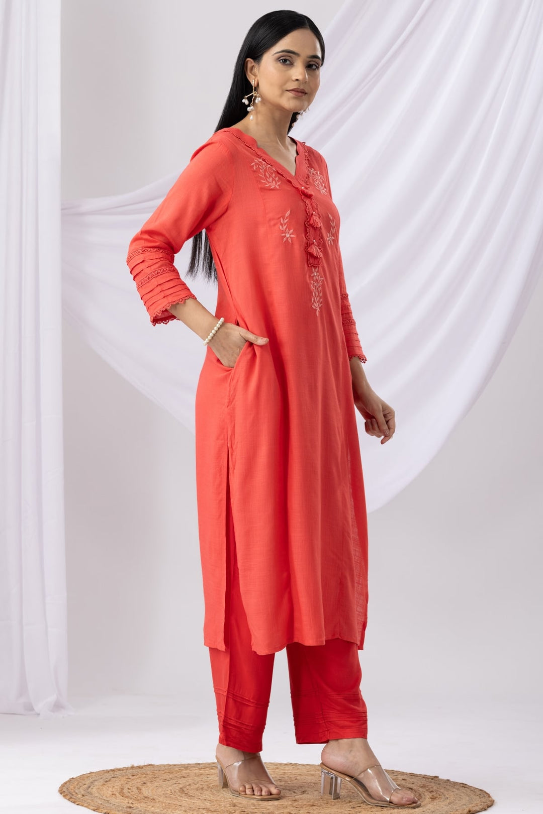 Coral Rayon Slub Embroidered Kurti with V-Neck
