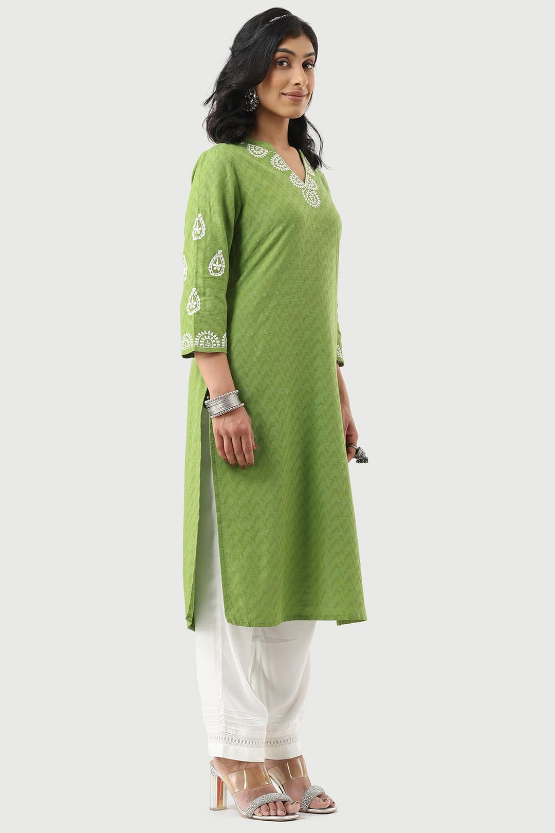 Green Embroidered Rayon Dobby Kurti