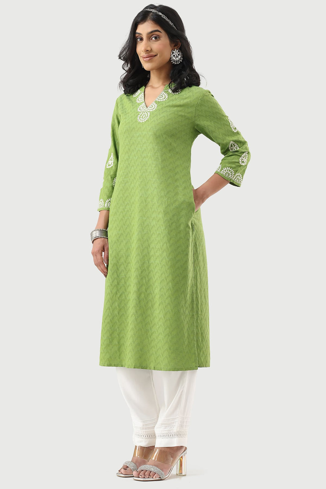 Green Embroidered Rayon Dobby Kurti