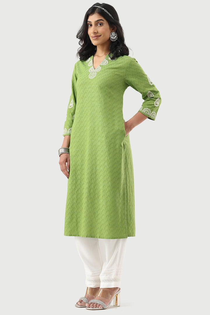 Green Embroidered Rayon Dobby Kurti