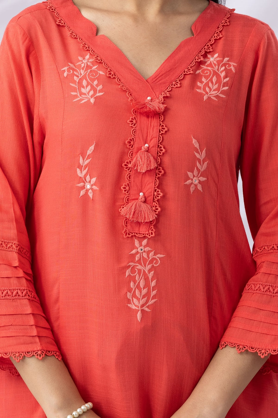 Coral Rayon Slub Embroidered Kurti with V-Neck
