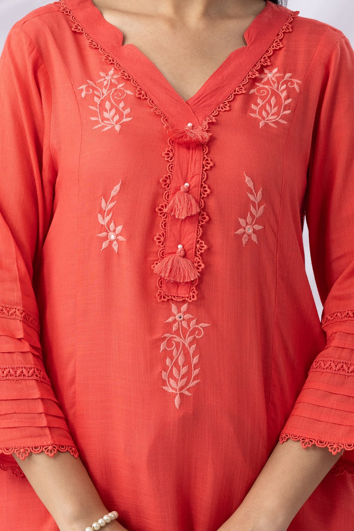 Coral Rayon Slub Embroidered Kurti with V-Neck