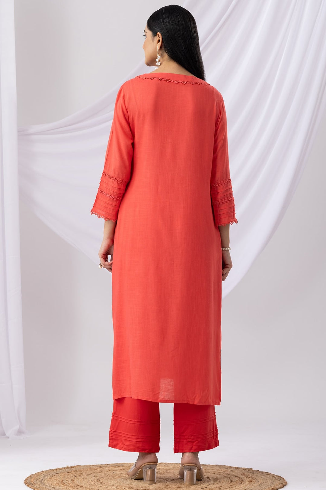 Coral Rayon Slub Embroidered Kurti with V-Neck