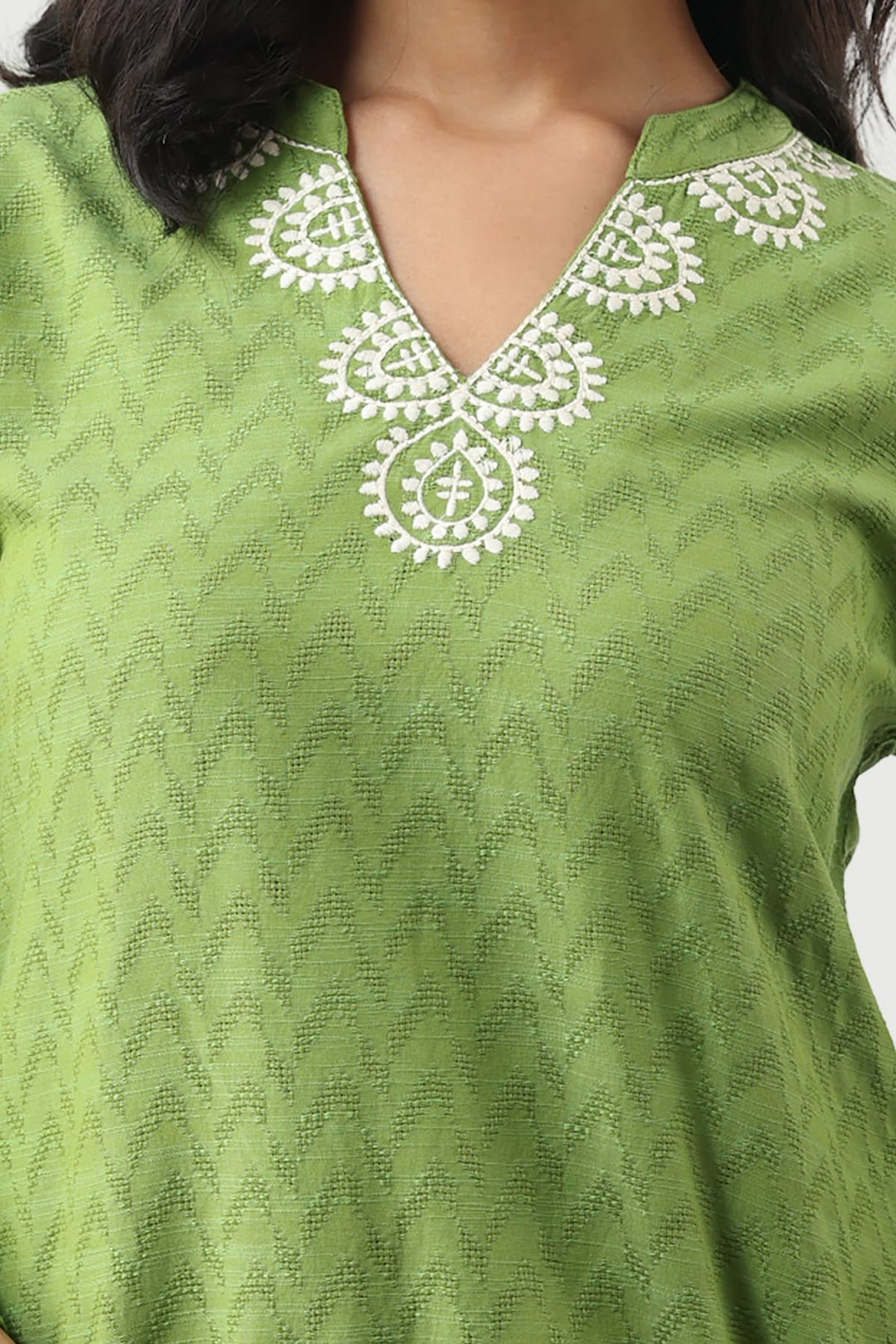 Green Embroidered Rayon Dobby Kurti