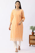Peach Schiffli Cotton Kurti with Round Neck & 3/4 Sleeves