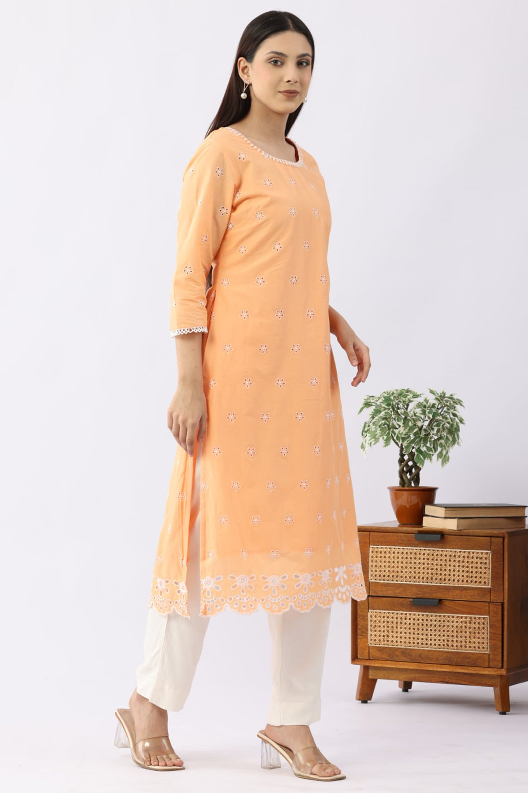 Peach Schiffli Cotton Kurti with Round Neck &amp; 3/4 Sleeves