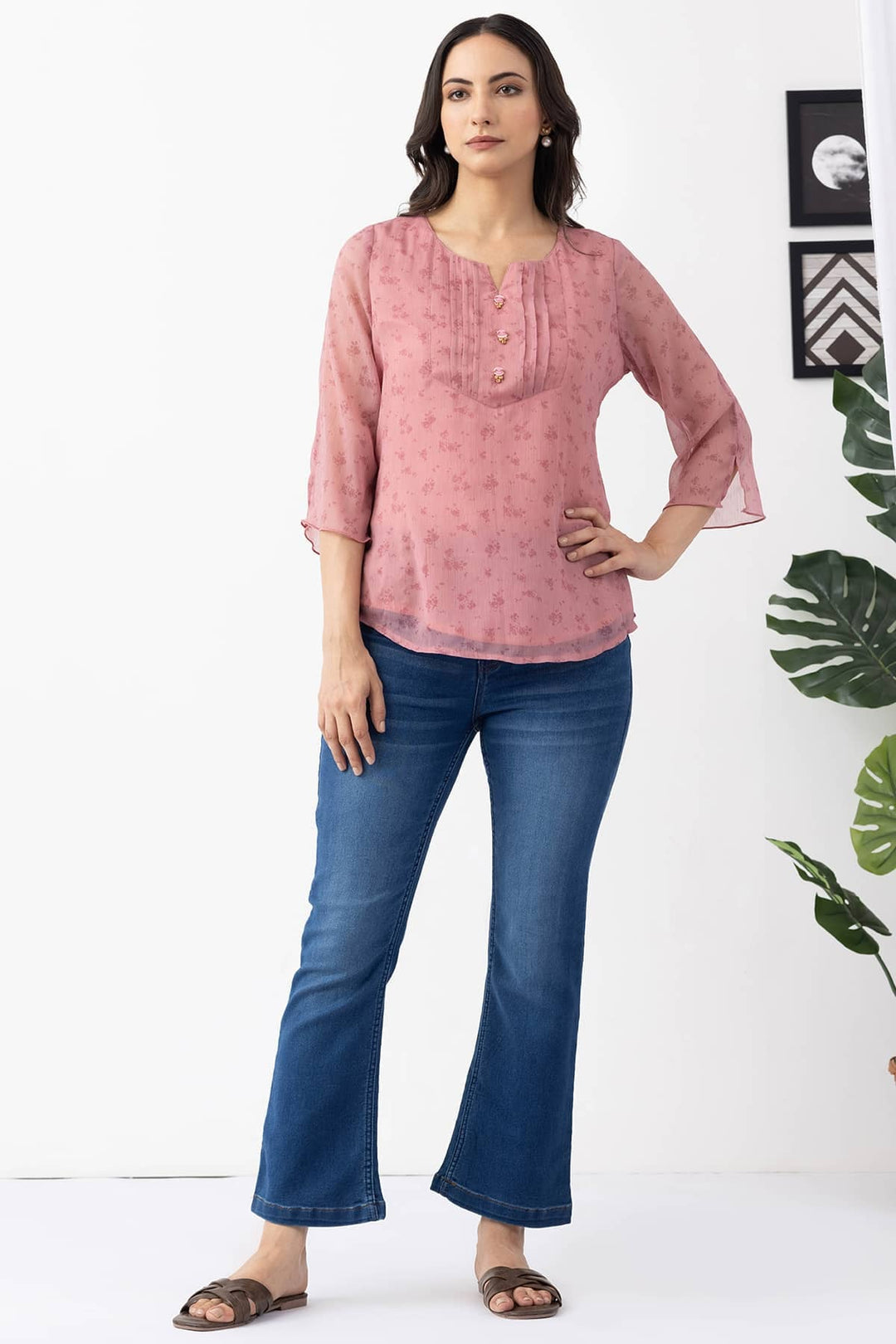 Pink Chiffon Printed Top with Regular Fit