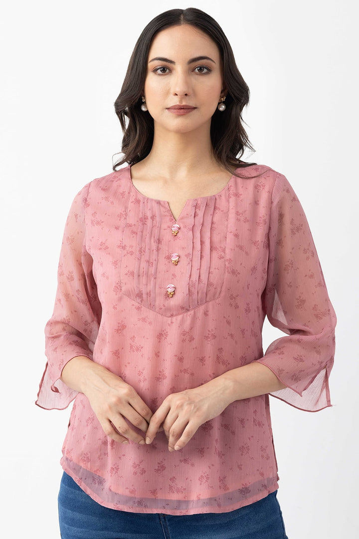 Pink Chiffon Printed Top with Regular Fit