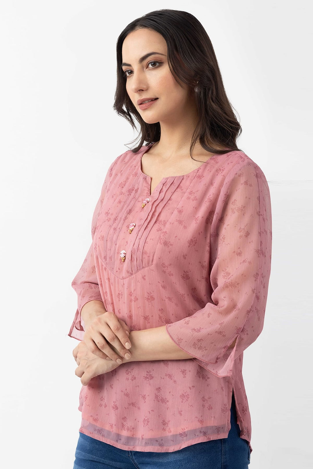 Pink Chiffon Printed Top with Regular Fit