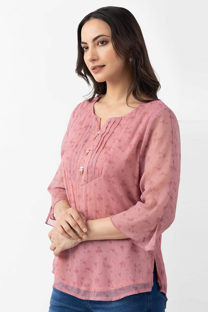 Pink Chiffon Printed Top with Regular Fit