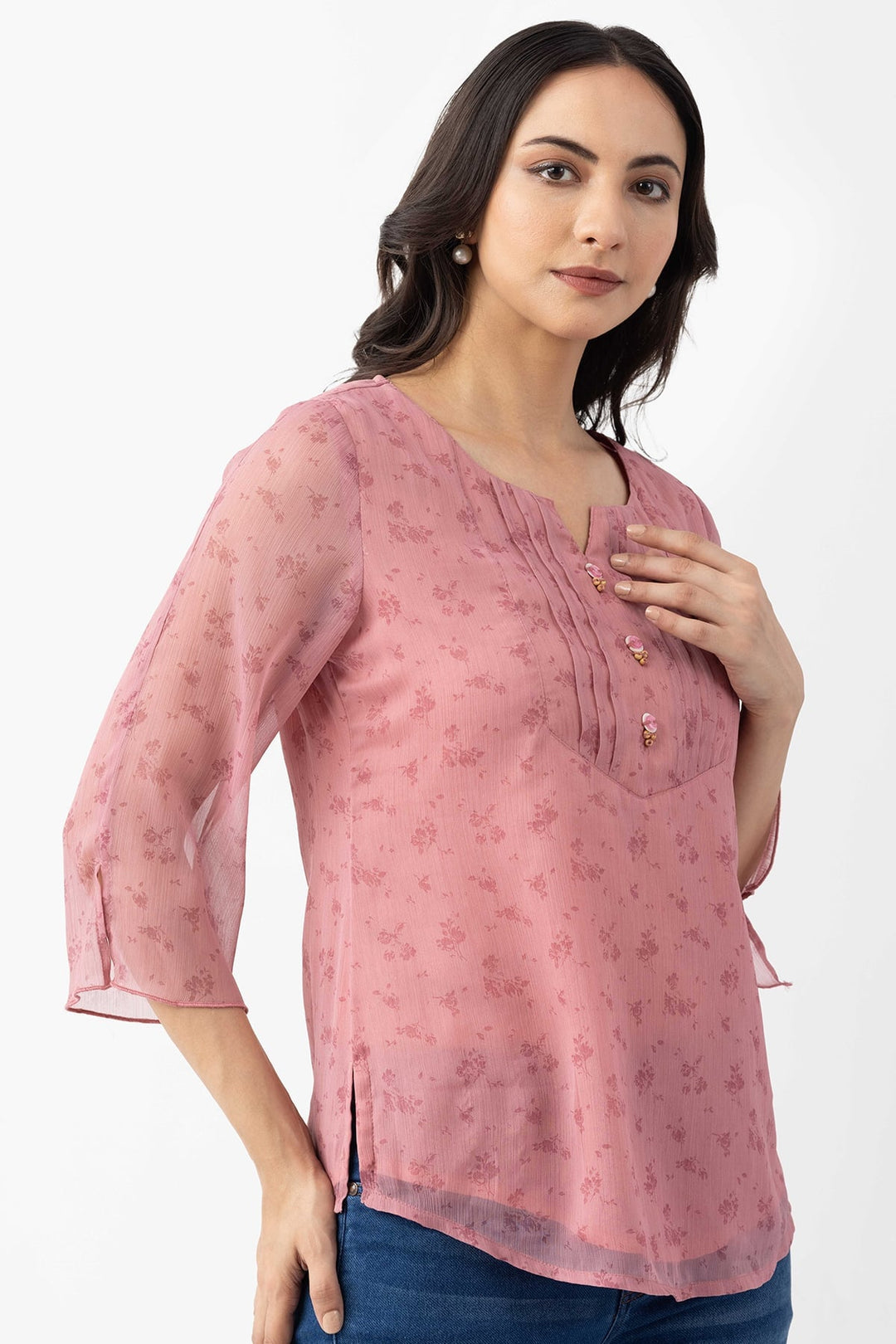 Pink Chiffon Printed Top with Regular Fit