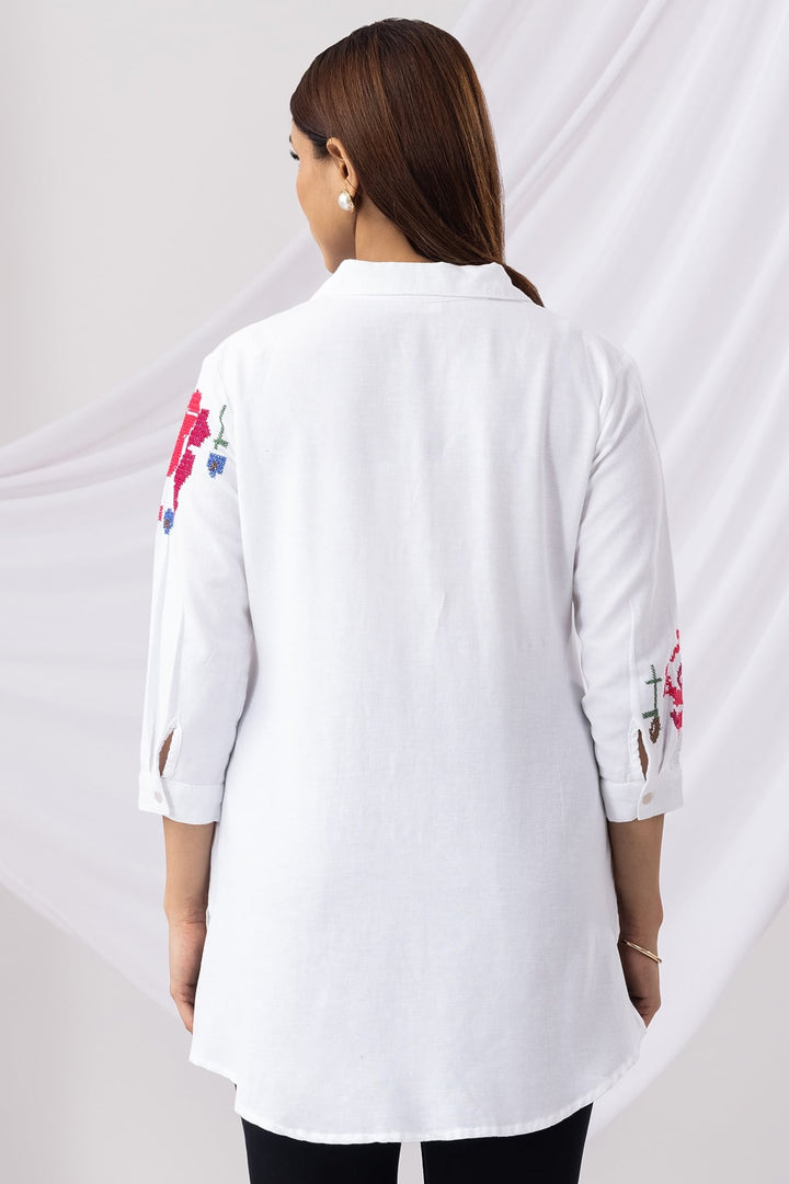 White Embroidered Viscose Tunic with Collar &amp; 3/4th Sleeves