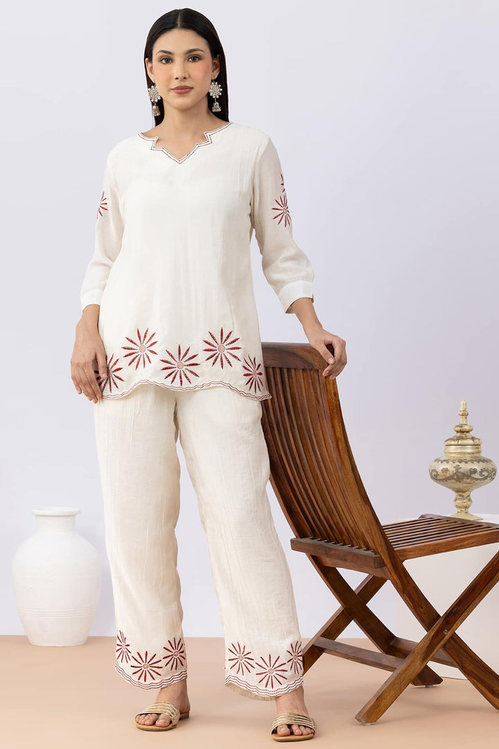 Embroidered Off White Viscose Co-Ord Palazzo Regular Fit