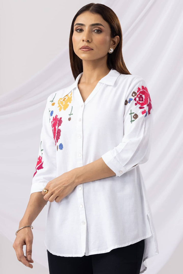 White Embroidered Viscose Tunic with Collar &amp; 3/4th Sleeves