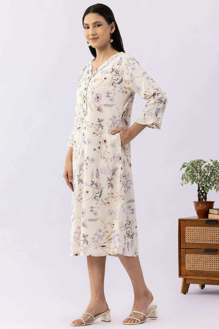 Printed Off White Crepe Dress with V-Neck &amp; 3/4 Sleeves